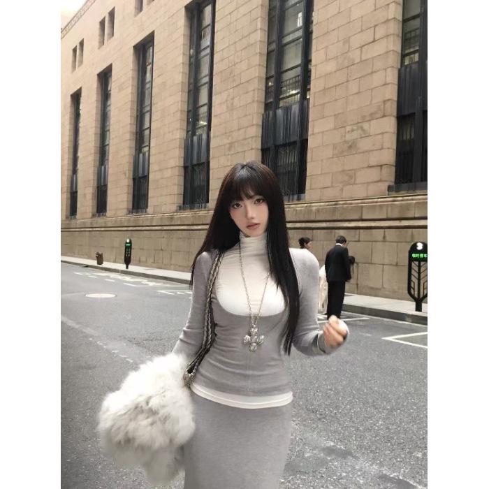 

Elegant Two-Piece Set: Long Sleeve Top & Fishtail Skirt for Women - Autumn/Winter Style Large