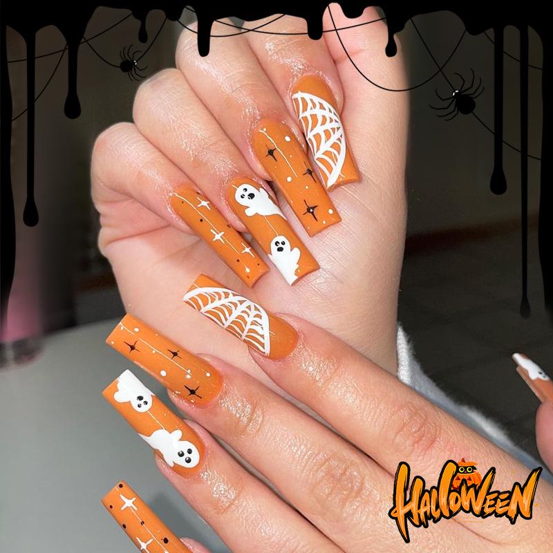 

24-Piece Halloween Long Tube Press-On Nails - Ghost & Pumpkin Colors