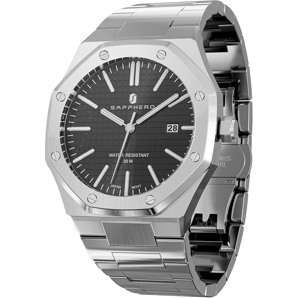 SAPPHERO Men s Octagonal Stainless Steel Waterproof Luminous Wrist Watch Analog Quartz Date Dress Business Casual Gift