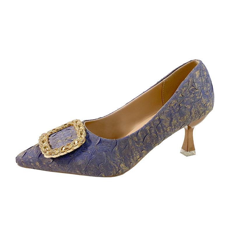 Temperament pointed high heels women's autumn new fashion pleated square buckle shallow mouth stiletto shoes