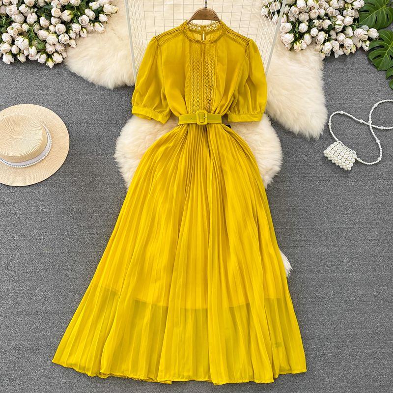 

Lace Chiffon Patchwork Dress Elegance Large Swing Short Sleeve Yellow All yards