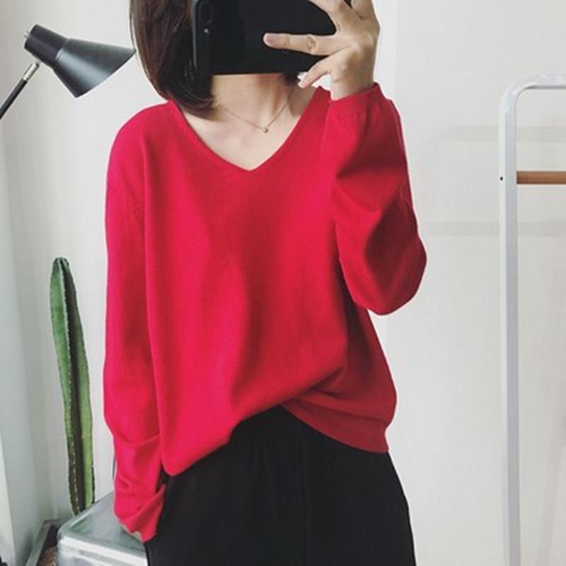2023 Autumn/Winter Korean-Style Loose V-Neck Long Sleeve Knitted Sweater Women's Base Layer