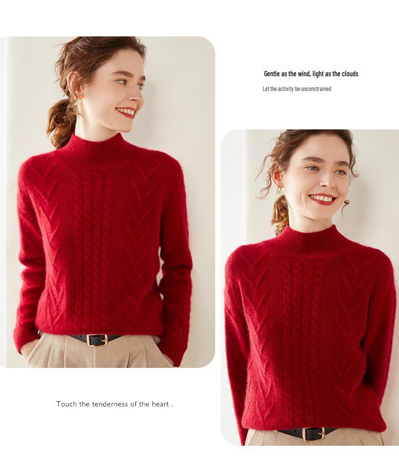 Women's Cashmere Cable Knit Sweater - Half-High Collar, Thick, Loose Fit, Solid Color, Perfect for Autumn/Winter