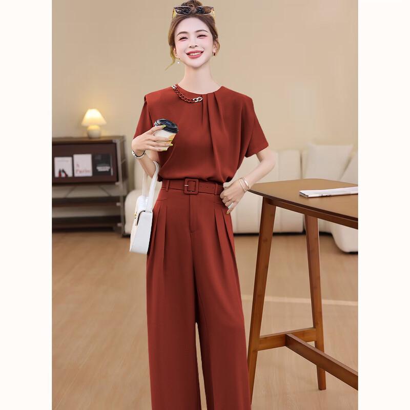 D.F.DEAR Elegant Round Neck Short Sleeve Wide-Leg Pants Set