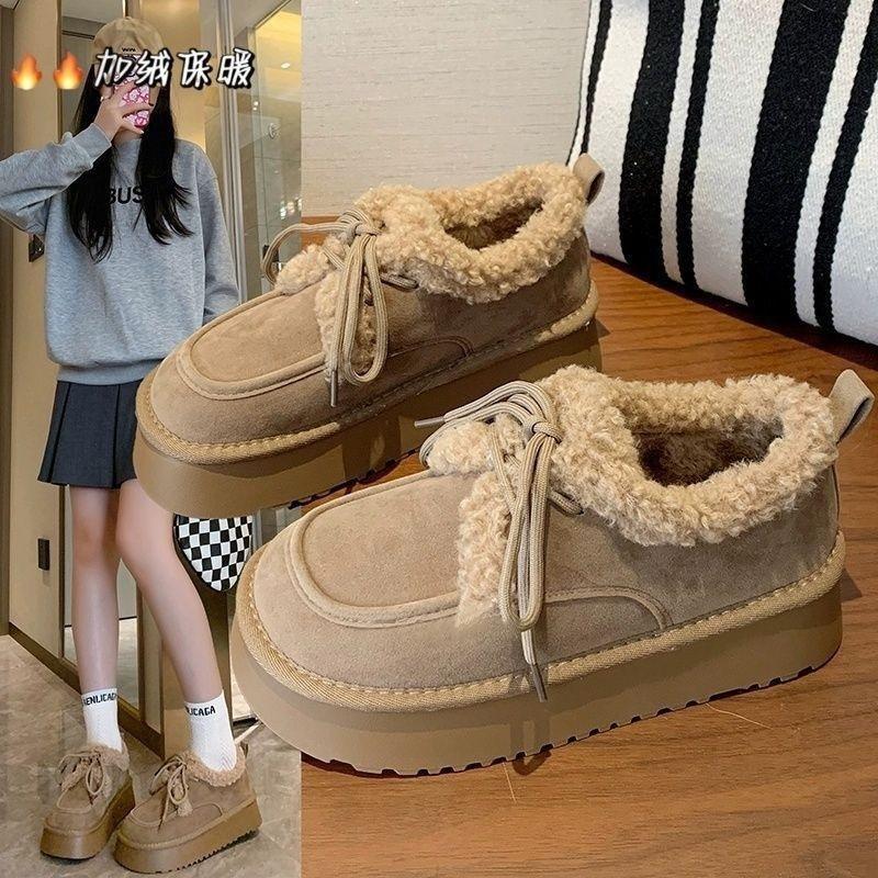 Winter fluffy shoelaces snow boots new retro velvet warm and heightened outer cotton shoes