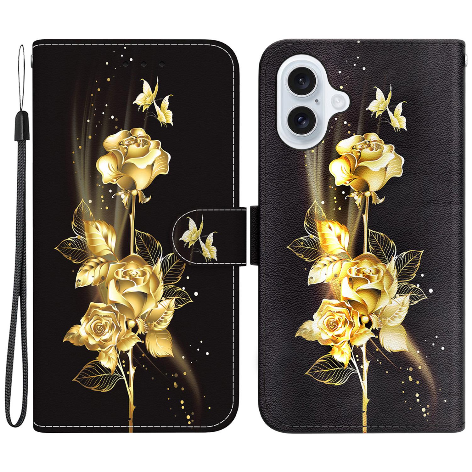 

For iPhone 16 Plus Wallet Case Pattern Print Leather Phone Cover Gold Butterfly Rose