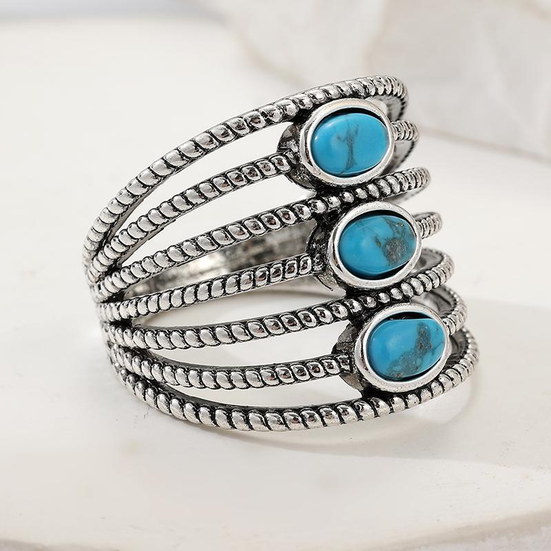 Bohemian Inlaid Imitation Turquoise Women's Ring Vintage CopperColor Hand Carving Daily Wear Party Jewelry Anniversary Gift