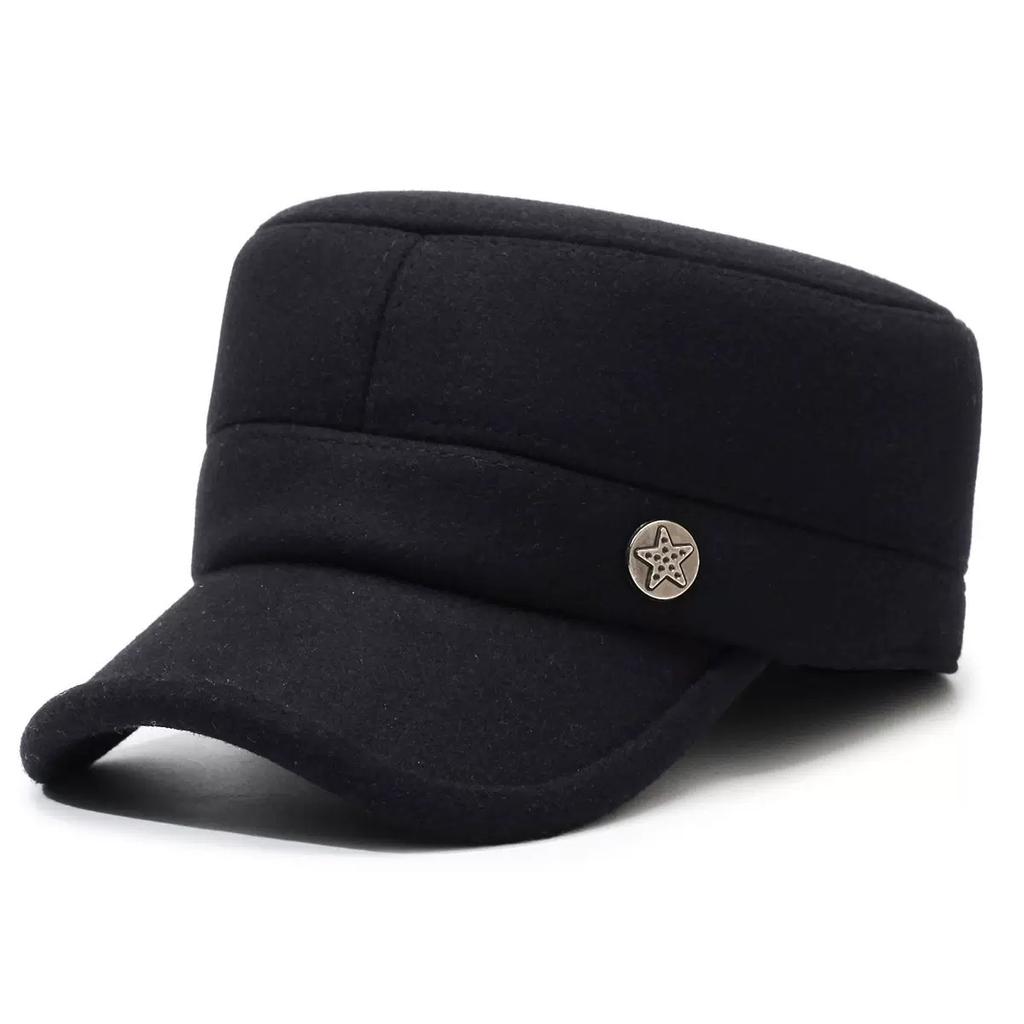 Middle-aged and Elderly Men's Hat Fleece-linedheattech Five-star Woolen Flat-top Hat with Upturned Brim Grandpa Ear Protection Cotton Hat for Men