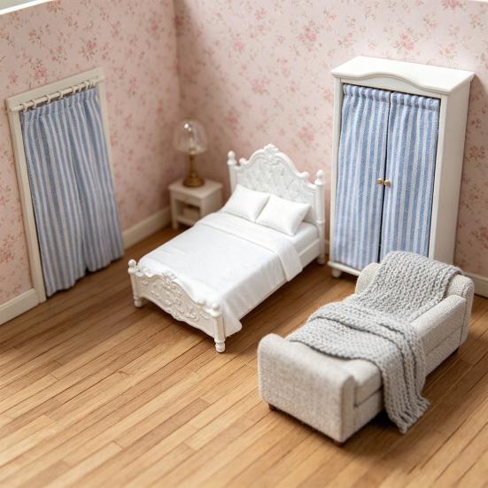 Retro Miniature Bed, Vintage Style Mini Double Bed, Miniature Furniture Tiny Bed for 1/12 Scale Doll Mansion Miniature Room Decoration