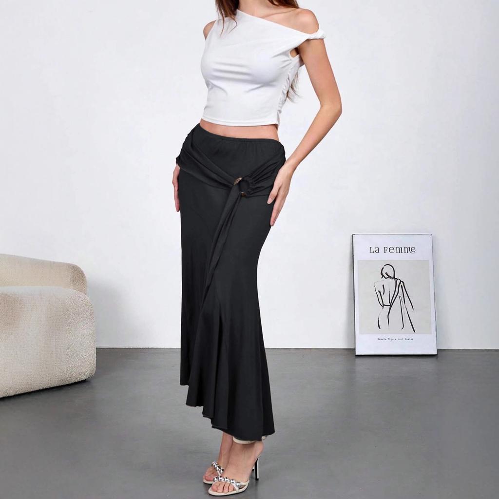 2026 Spring New Style Wooden Decorative High-waisted Slim-fit Hip-hugging Ribbon Women's Skirt