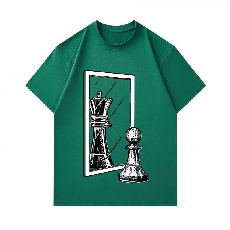 Men's 100% Cotton Crew Neck Short Sleeve T-Shirt, Funny Pawn Chess Piece Mirror Reflection Queen Print Casual Summer Fashion Tees for Chess Lovers Dai