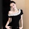 Design sense chic short-sleeved t-shirt women's new summer Korean black thin niche off-the-shoulder slanted shoulder top