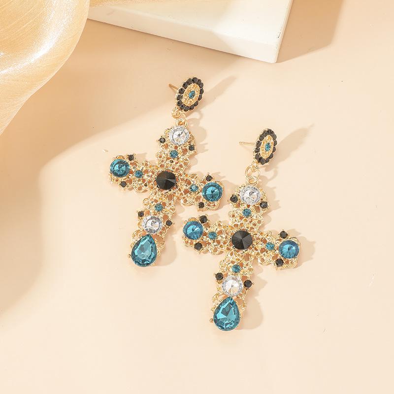 European Luxury Hollow Design Earrings with Rhinestone and Gemstone Cross Accents