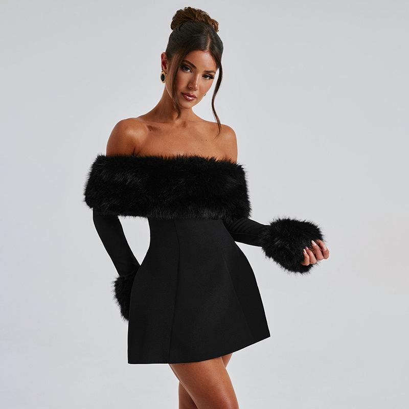 Zimné čierne bez ramienok nadýchané sexy šaty pre dámske róby elegantné večerné párty šaty bodycon mini jesenné šaty párty klub