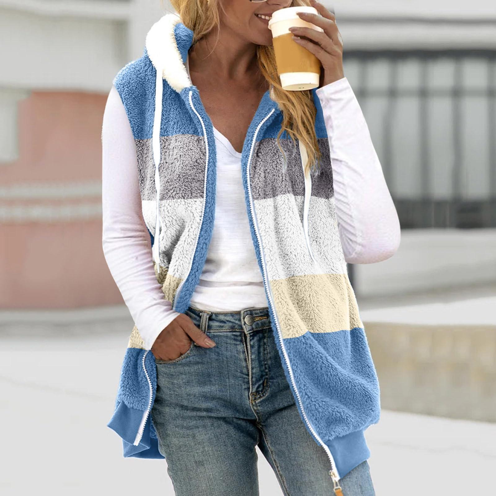 

Женский модный плюшевый жилет без рукавов с капюшоном и карманом на молнии, свободного кроя, теплый L синий