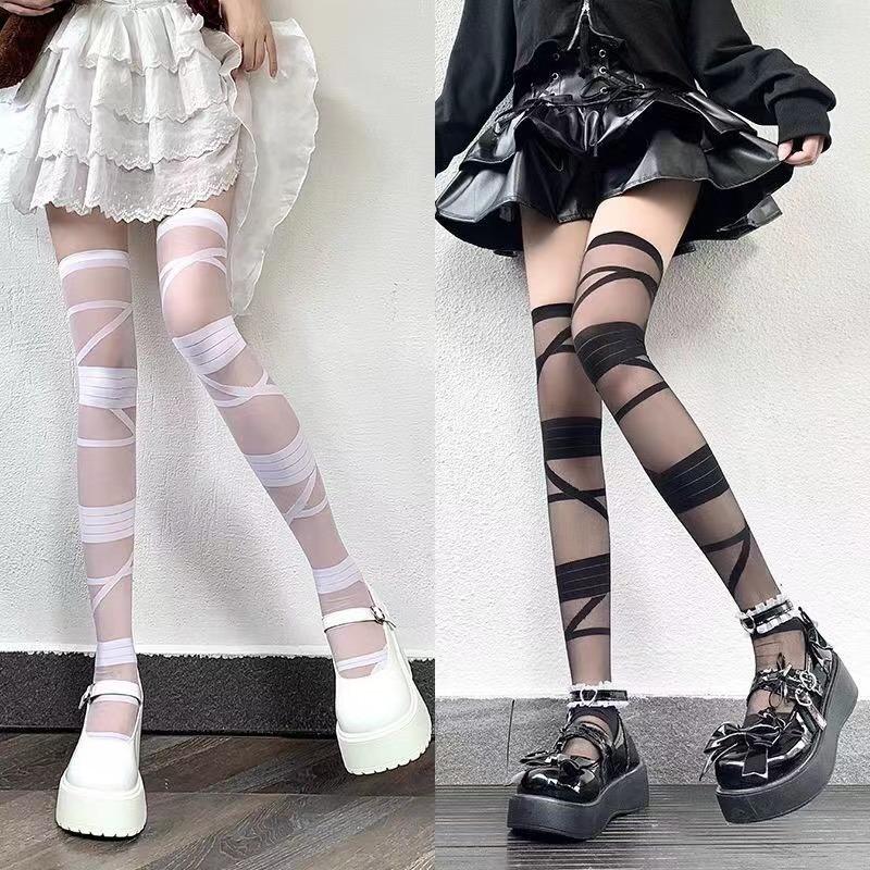 New Fashion Ultrathin Women Spicy Girl Bandage Stripe Long Sock Female Japanese Lolita Jk Sexy Summer Cross Tube White Stockings