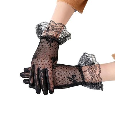 Fashion Full Finger Bow Short Sunscreen Lace Gloves Transparent Mesh Bridal Gloves Anti-UV Breathable Tulle Mittens Women
