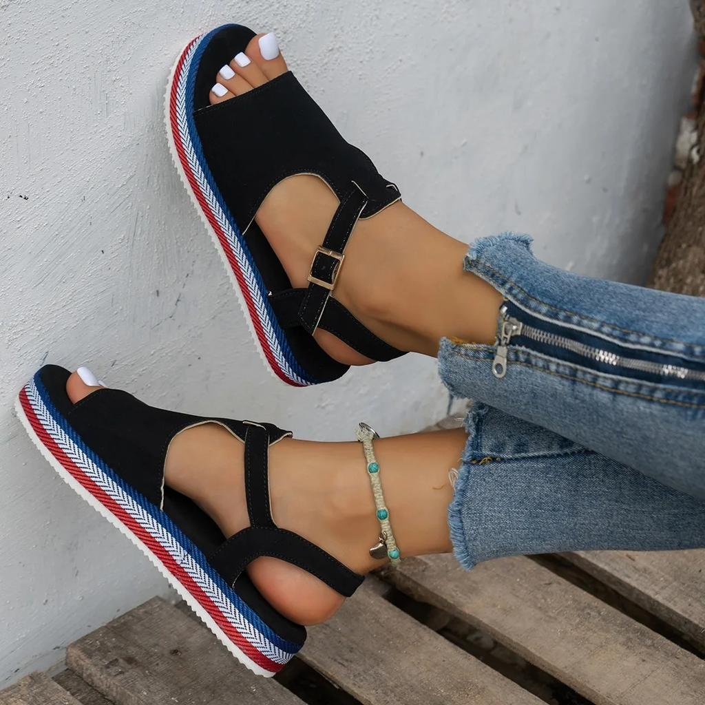 Thick Bottom Sandals Summer New Peep Toe Hollow Candy Color Metal Buckle Female Shoes Casual Beach Sandalias Mujer Romanas Shoes