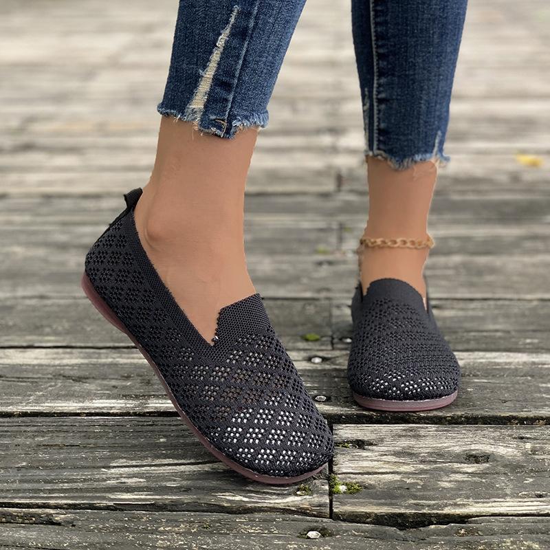 Spring New Solid Color Pointed Flat Bottom Flat Heel Soft Sole Single Shoes Casual Breathable Women's Shoes Hollow Knitted Shoes