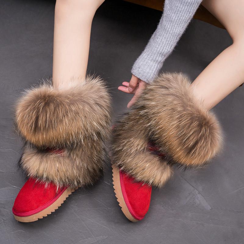 Fashion 2025 All-Match Natural Fox Fur Snow Boots Real Suede Leather Shoes Mid-Calf Knee-High Boots Raccoon Fur Warm Women'S Flat Boots