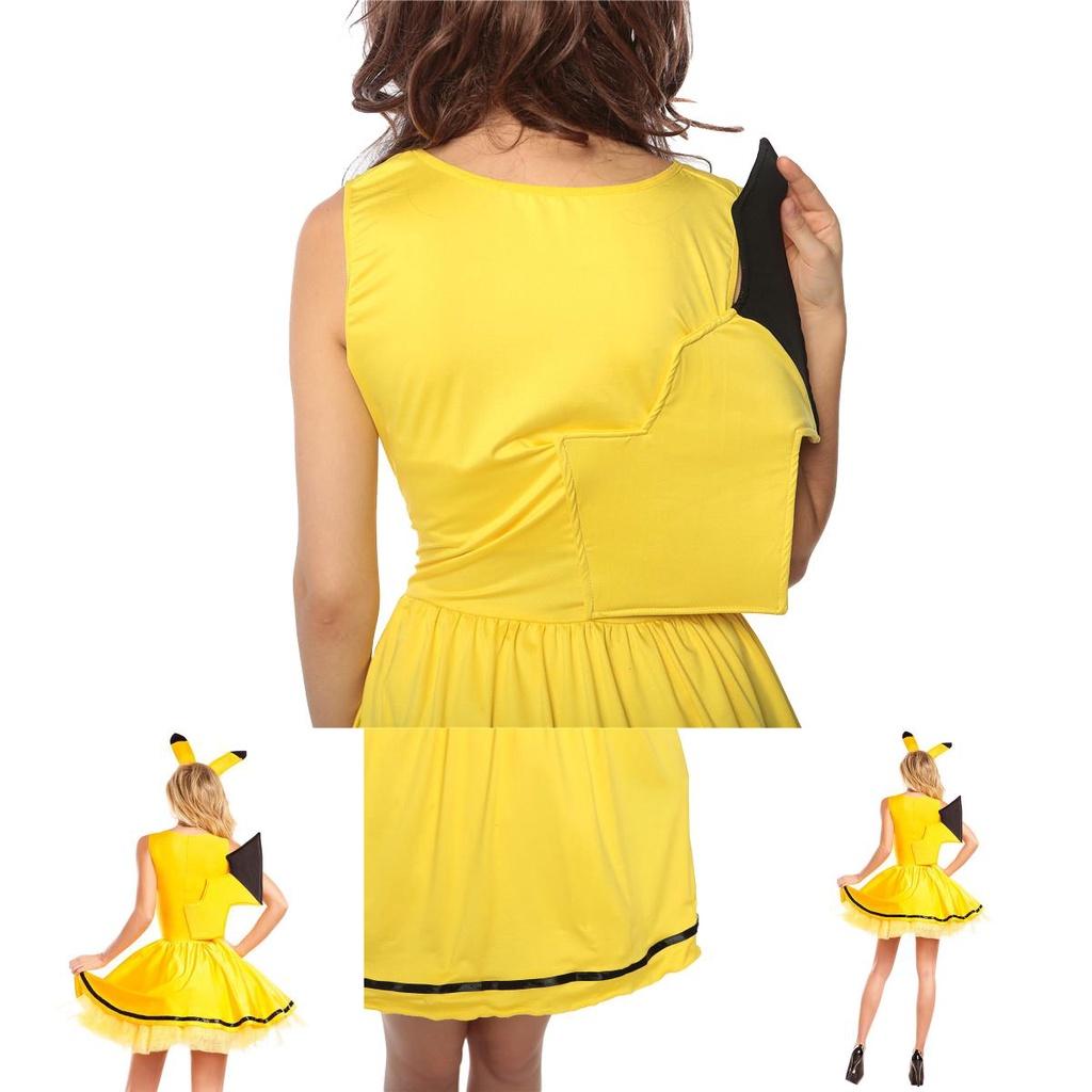 Cadılar Bayramı Kutlamaları İçin Tül Detaylı Muhteşem Sarı Pokemon Pikachu Kadın Elbise Kostümü