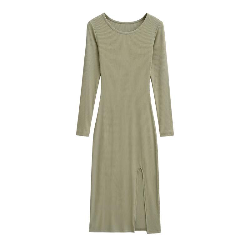 

Spring 2026: Spicy Round Neck Long-Sleeve High-Slit Dress - Waist-Cinched, Solid Color, Hip-Hugging Design for Women Small зелёный