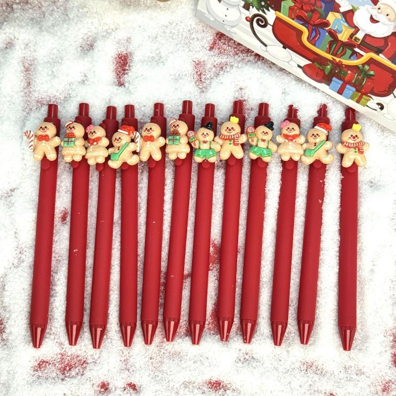 10Pcs Gingerbread Man Patch -Themed Retractable Ballpoint Pens - Red Soft Grip Pens with Random Gingerbread Man Patch Designs, Fine Point, Ideal for S