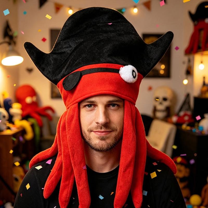 Pirate Cuttlefish Character Hat with Soft Fabric and Adjustable Sizing for Halloween Cosplay Party Looks and Photo Props