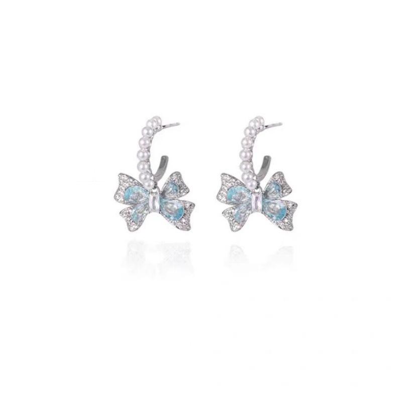 Elegant Blue Zircon Bow Pearl Stud Earrings – High-End, Versatile Fashion for Women