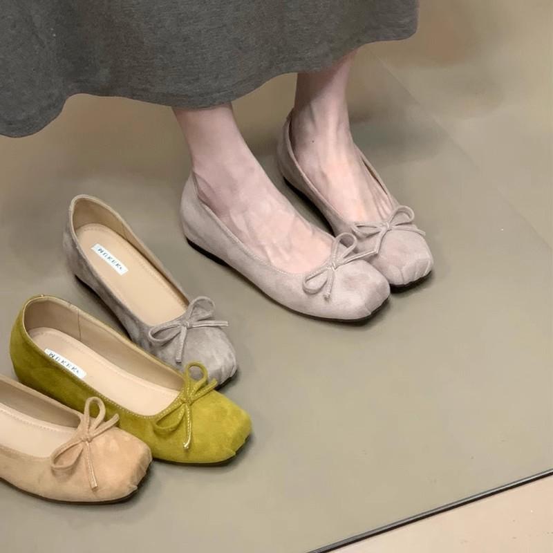 Retro temperament French inner heightening suede ballet single shoes women's autumn 2025 new bow evening shoes