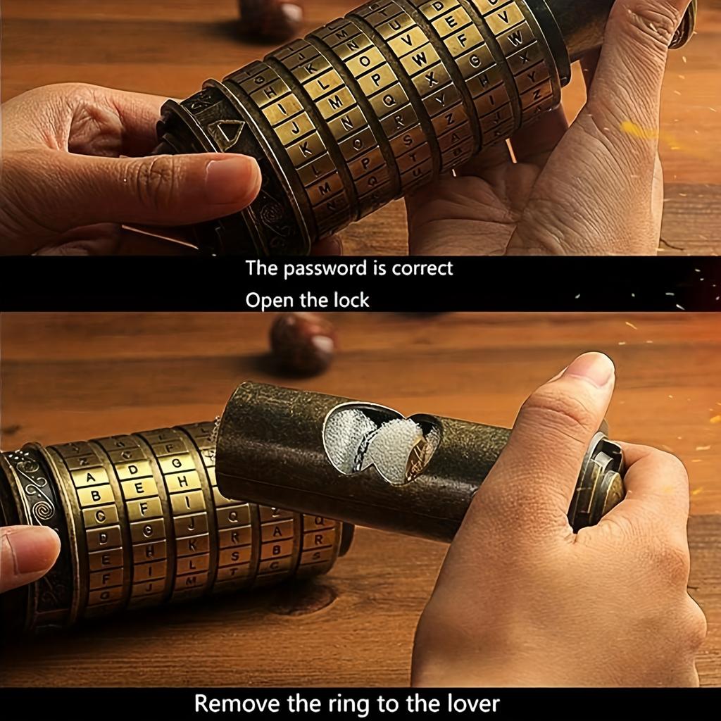 Vintage Golden Retro Cylinder Lock Box with Combination Dial, Secure Jewelry, Ring Storage, Ideal for Wedding Bands  Keys,