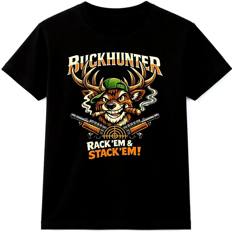 Deer Hunting T Shirt Buck Hunter Rack Em Stack Em Rifle Graphic Tee L