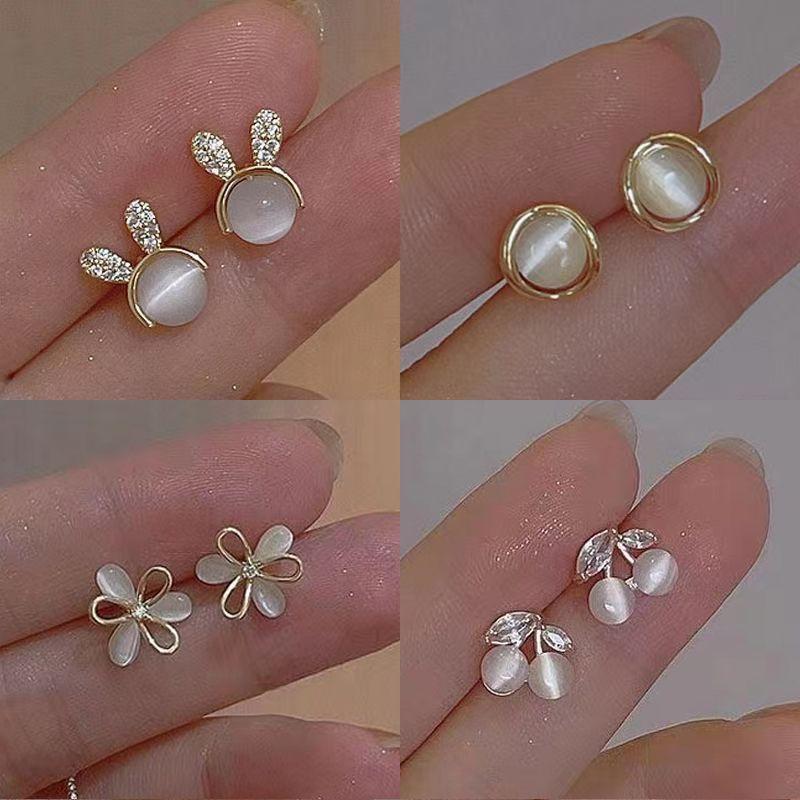Opal Rabbit Crystal Cherry Sterling Silver Needle Earrings Small Exquisite Temperament Fashion Stud Earrings Women Sweet Ear Rings