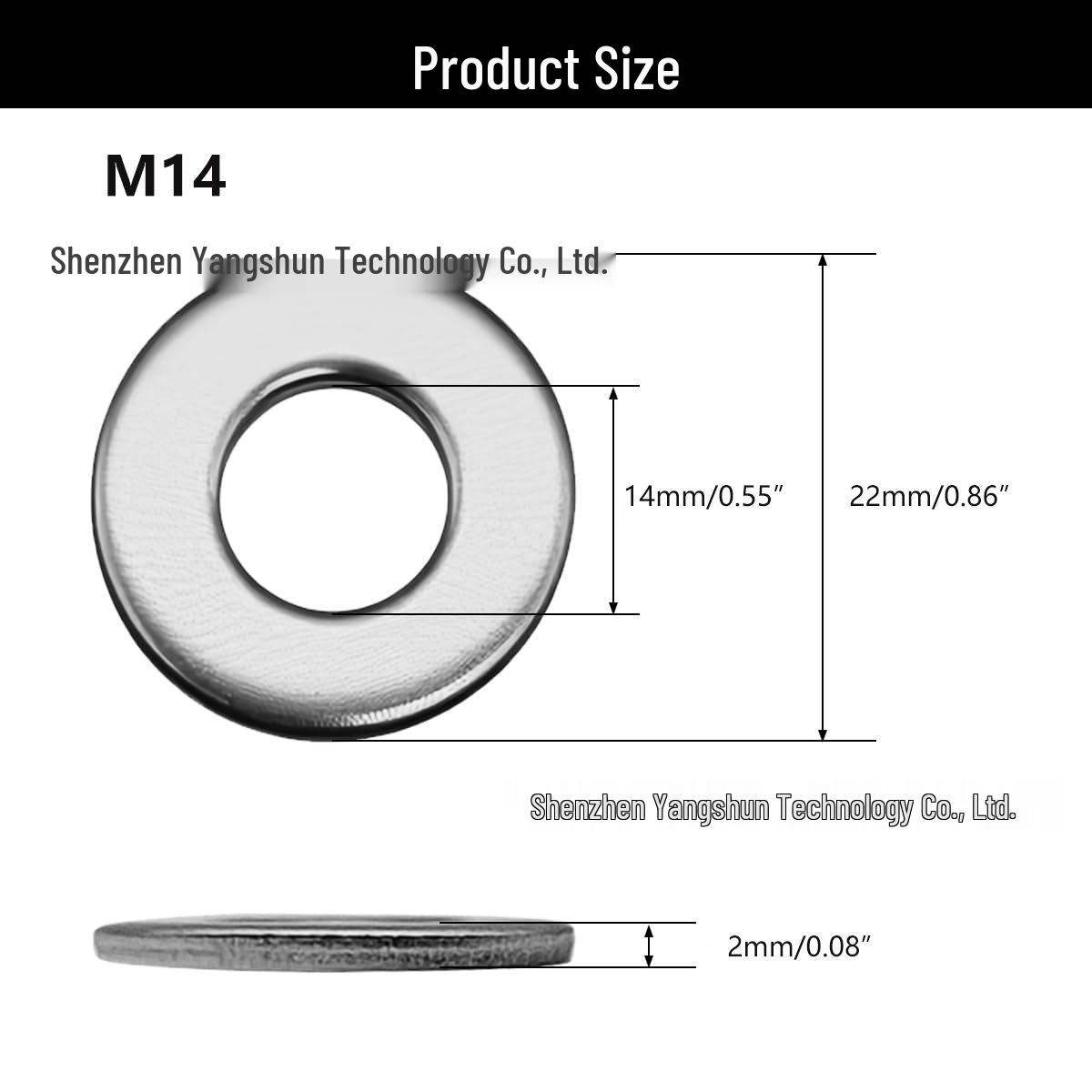 50pcs 304 Stainless Steel Flat & Spring Washers, M14*22*2mm Bolt Screw Round Washers
