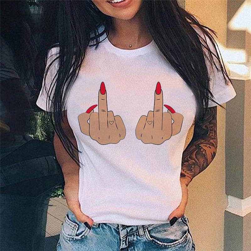 Summer Tshirt Women New Fashion Middle Finger Chest Graphic Printed Round Neck T Shirt Casual Simple Women Tee Tops Female