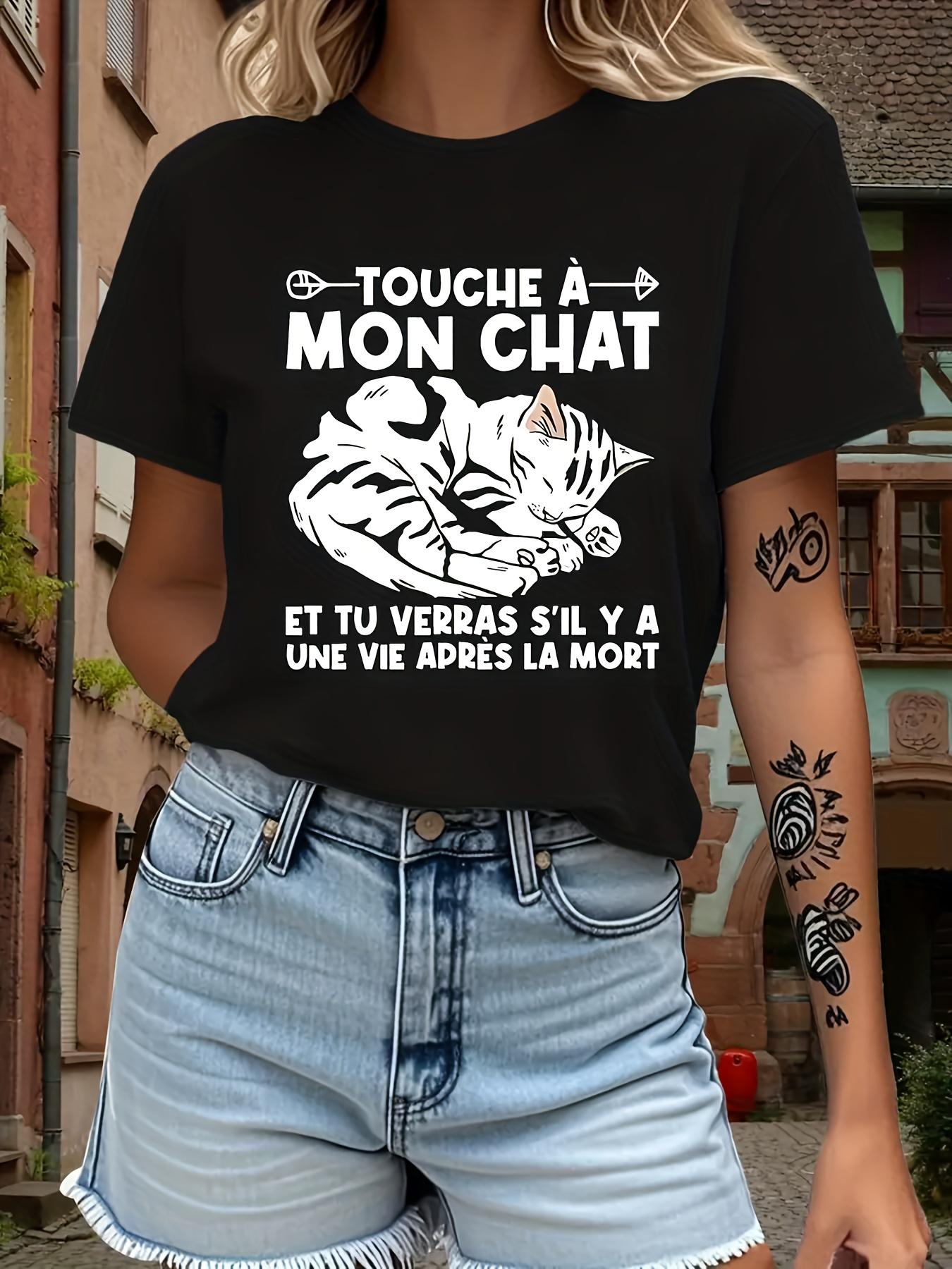 

European sizes Women S T-Shirt with Humorous French Flair - Touch a Mon Chat Design for Cat Lovers 4XL чорний