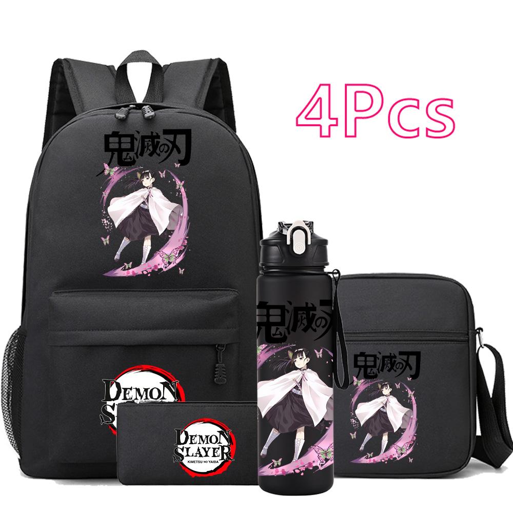 4 st/set Anime Demon Slayer Tryckt Ryggsäck Skolväska Axelväska Fodralväska med 750 ml Vattenflaska Pojke Flicka Stor Kapacitet Vattentät Skolväska