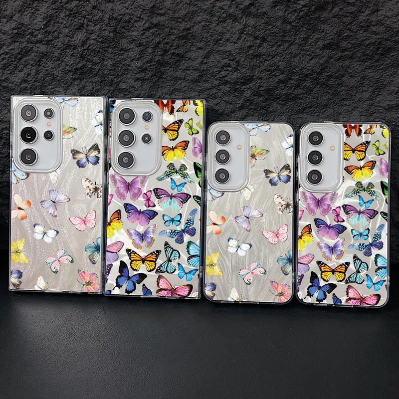 Butterfly Pattern Feather Sparkling Phone Case For Samsung S25 Ultra S24 FE S23 A56 A36 A16 A55 TPU Soft Edge Slim Shockproof Hard PC Bumper Cover