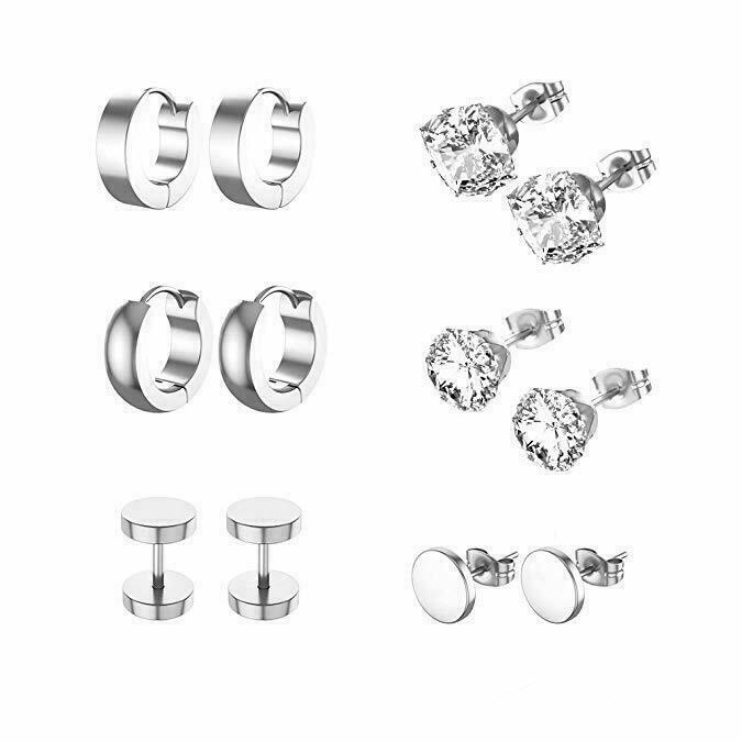 

6 пар серег-гвоздиков из нержавеющей стали с CZ, обруч-обруч, пирсинг ушей для женщин и мужчин, комплект модных ювелирных изделий серебряный