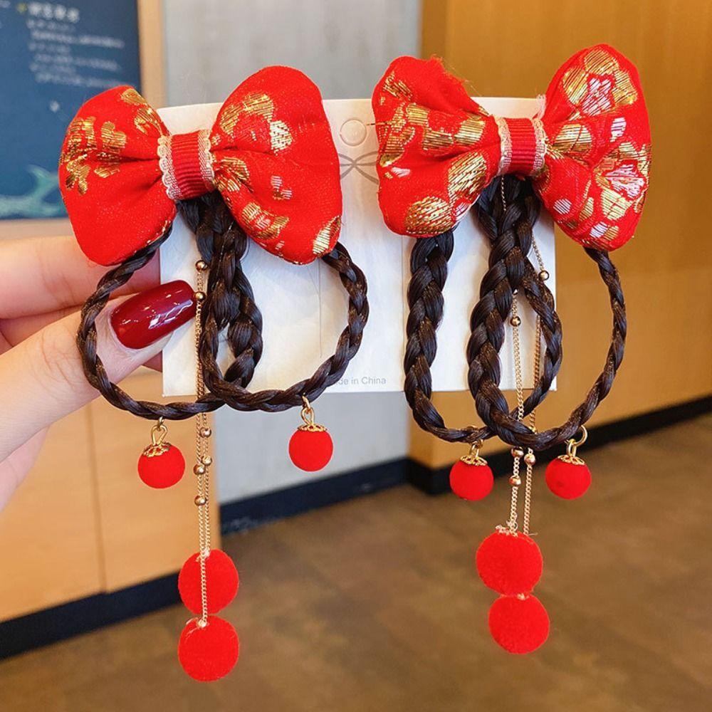 2pcs Hanfu Headdress New Year Headwear Chinese Style Red Wig Braid Hairpin Children Hair Clip
