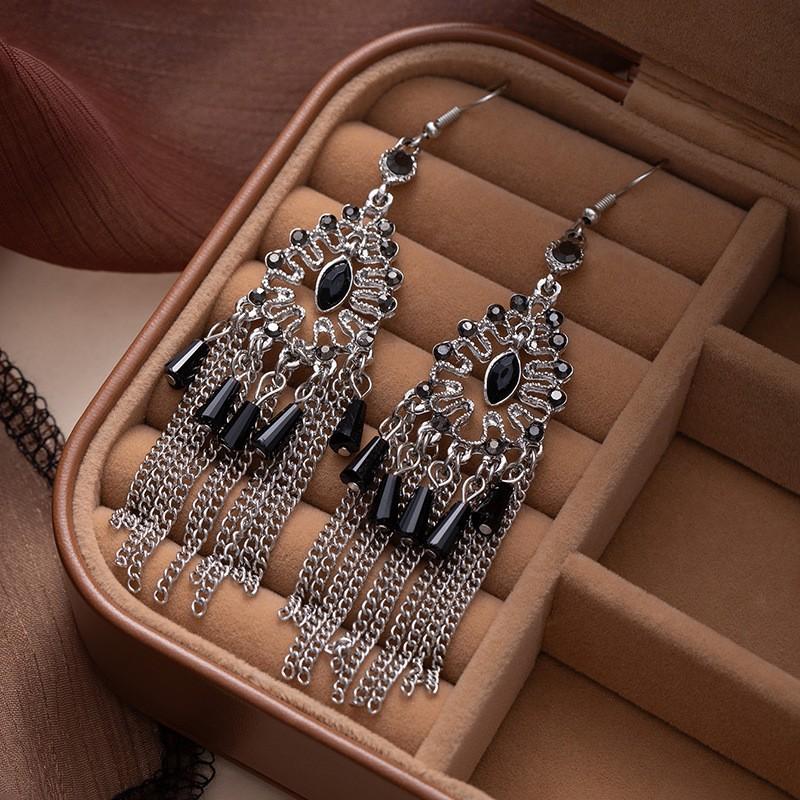 Bohemian Diamond Fringed Earrings Fashion Ethnic Style Temperament Ear Hook Hollow Water Drop Shaped Versatile Earrings