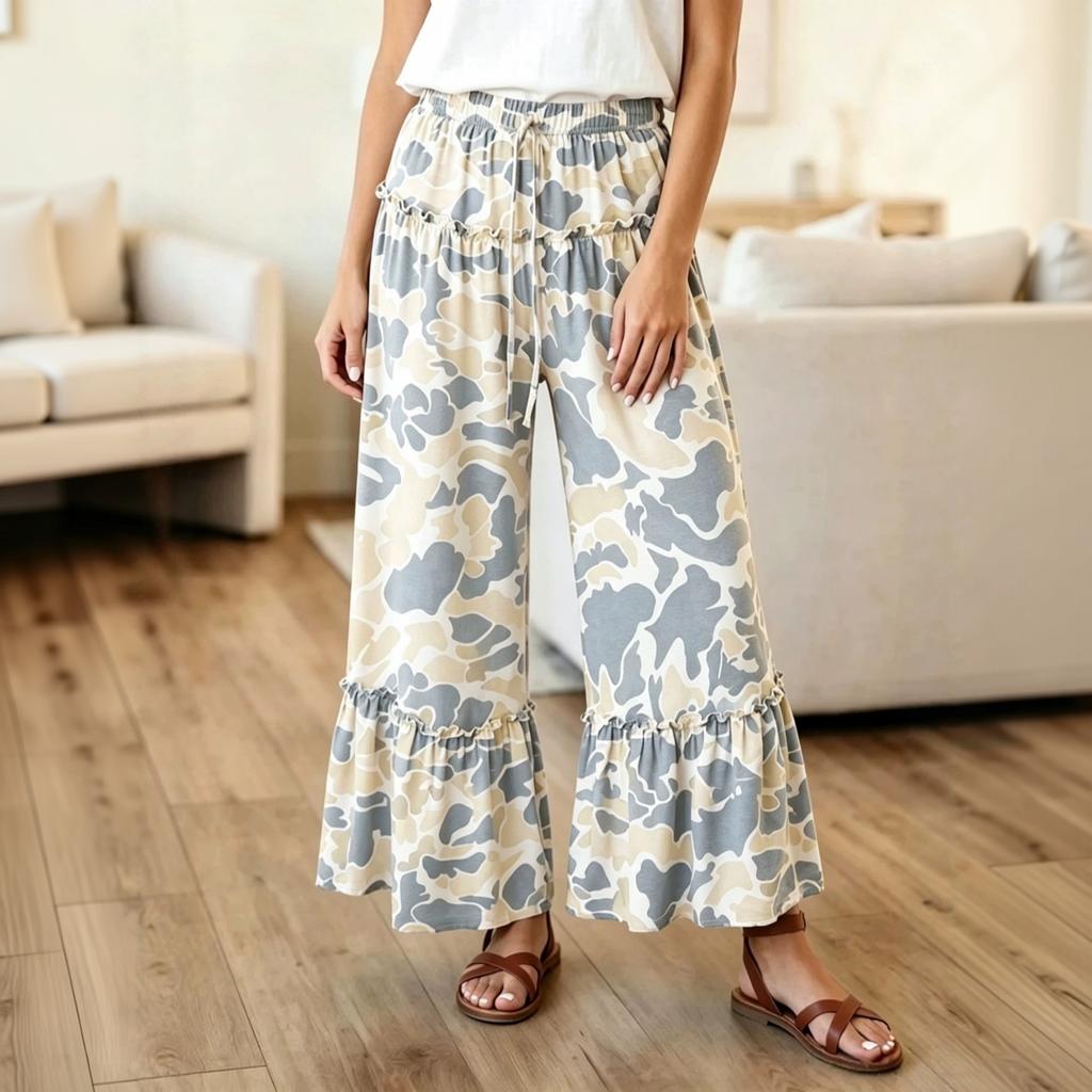 Women's Camouflage Print Wide Leg Pants with Elastic Waist and Ruffle Trim