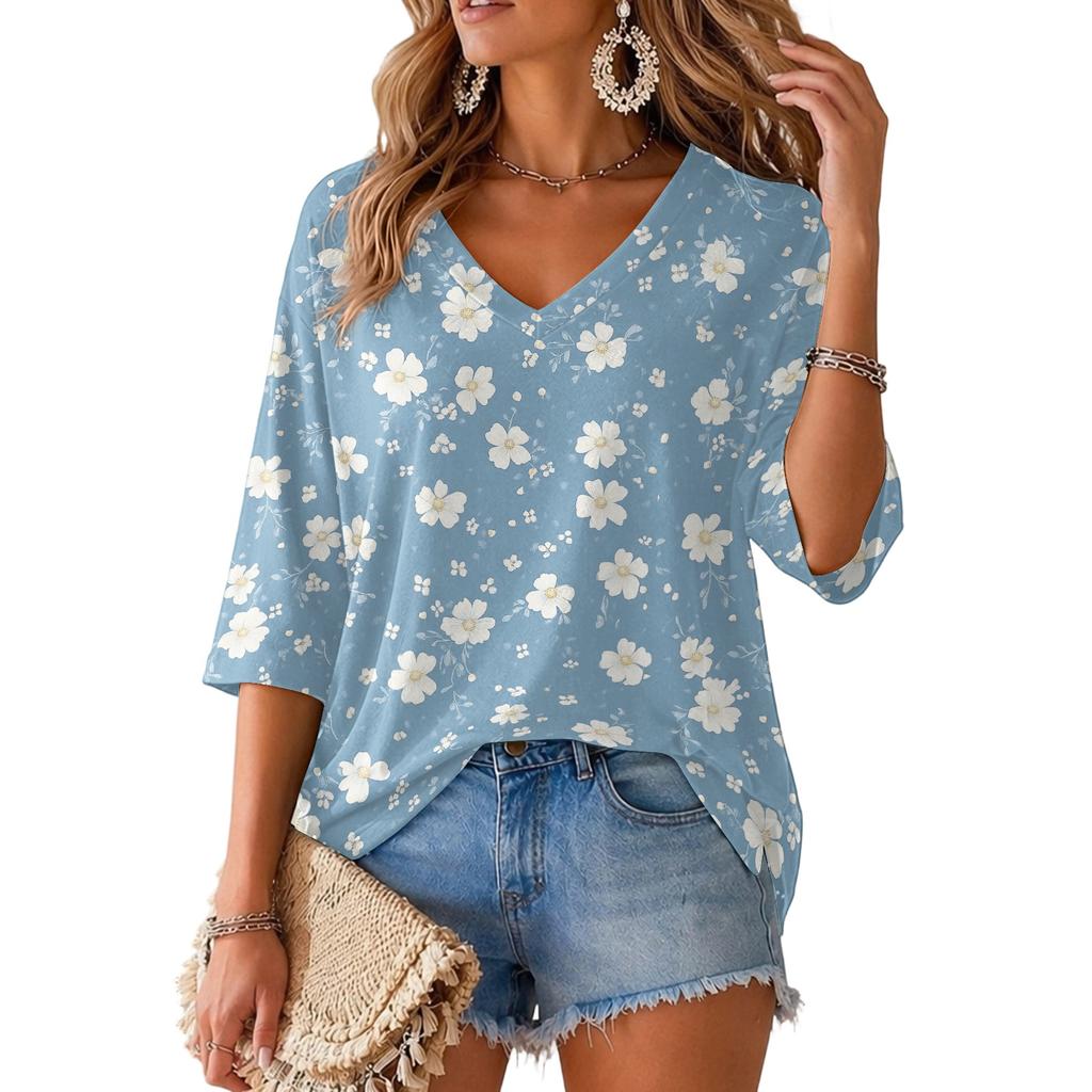Women's V-Neck Print Lightweight Blouse for Spring and Summer