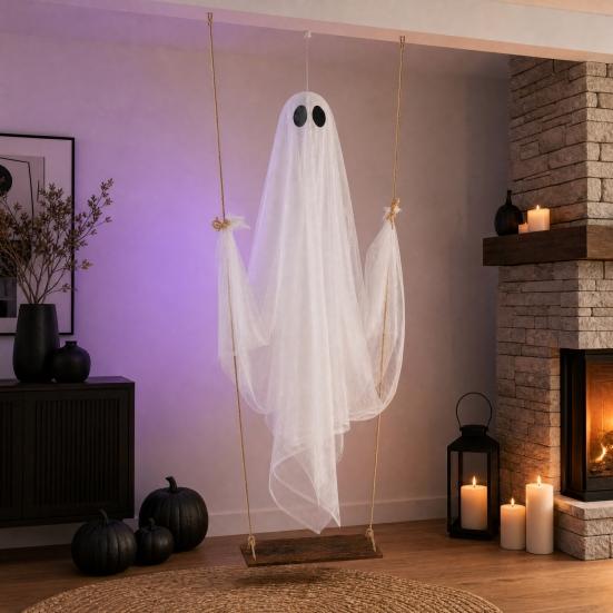 Halloween Ghost Decoration, Large Hanging Swing Ghost with LED String Lights, Battery Powered Ghost Figure for Outdoor Indoor Halloween Party Yard
