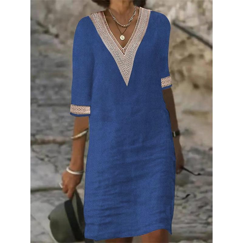 Damen Einfarbiges Baumwollleinen Freizeitkleid mit Spitzenkante und halblangen Ärmeln