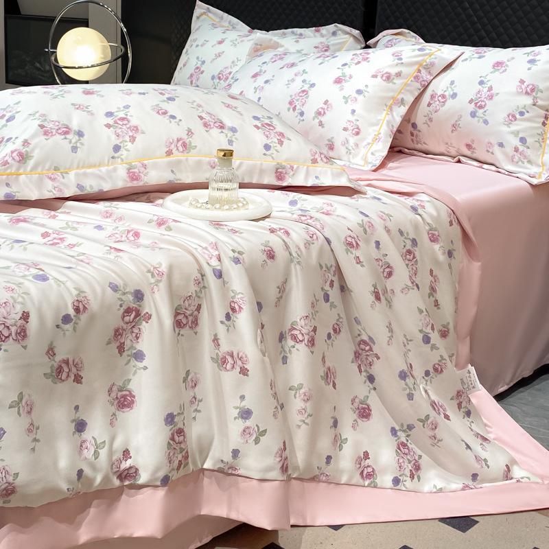 Summer Cool Tencel Quilt Set 4 Piece Includes Summer Blanket Bed Sheet Two Pillowcases Silk Lightweight Quilt For Double Twin Size