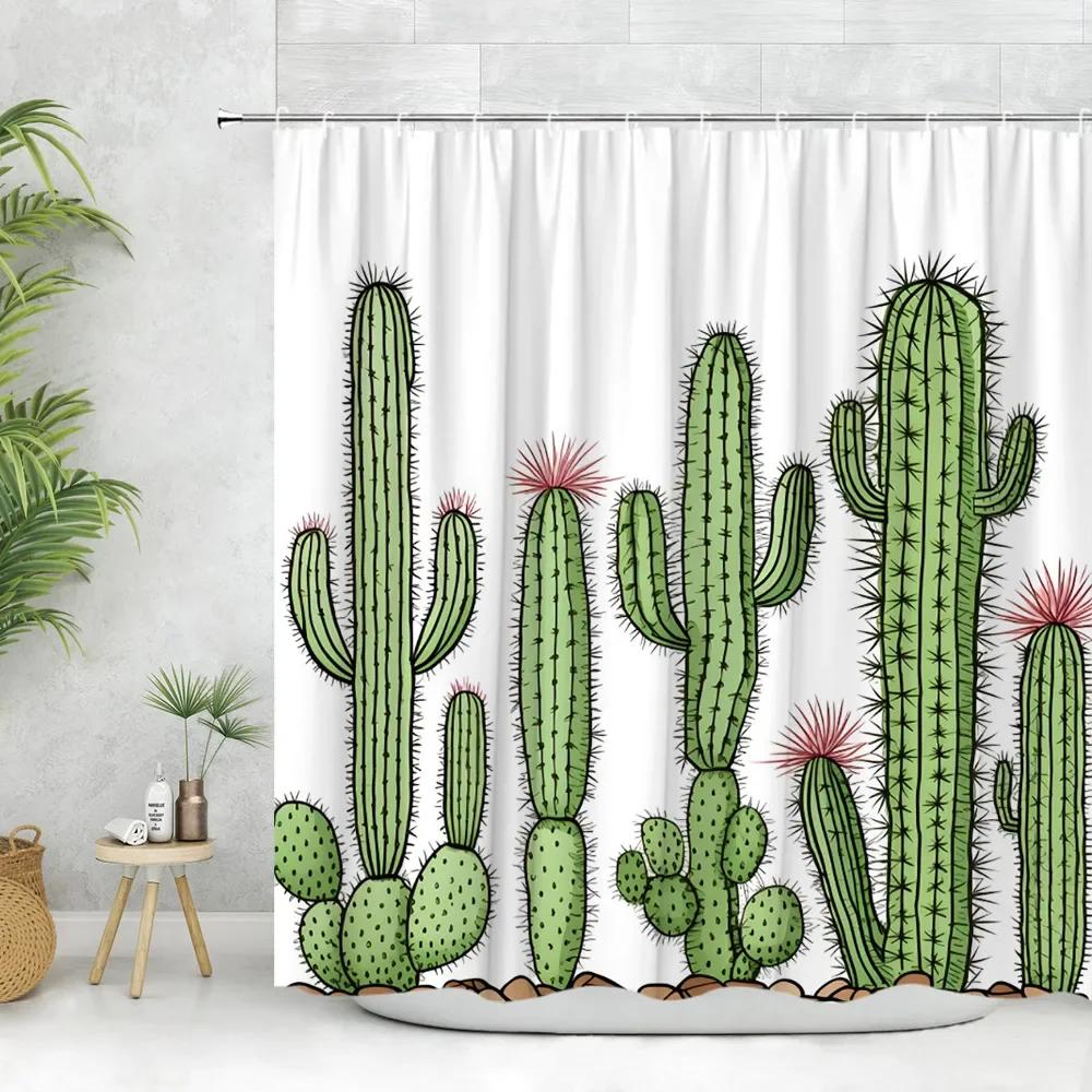 Cactus Shower Curtain, Tropical Plant Flower Desert Greenery Greenery Watercolor Succulent Farm Polyester Fabric Bathroom Deco