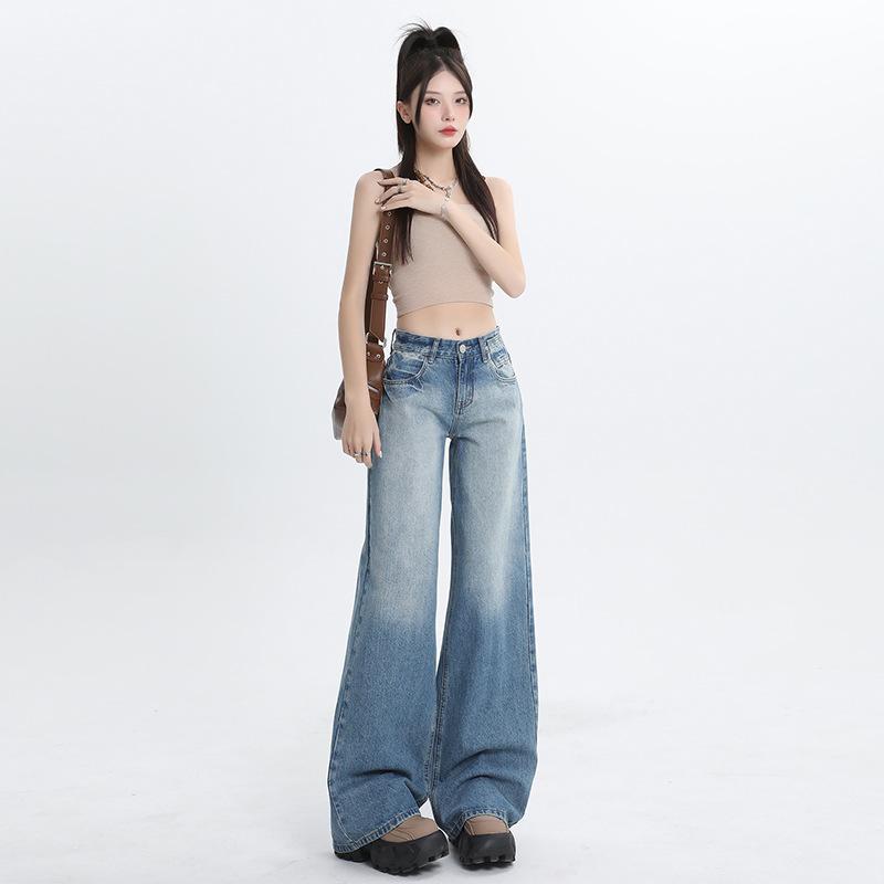 Summer Vintage Washed Relaxed Straight Drape Floor Wide Leg All Match Denim Pants For Ladies Casual Pants Oversize Denim Trousers