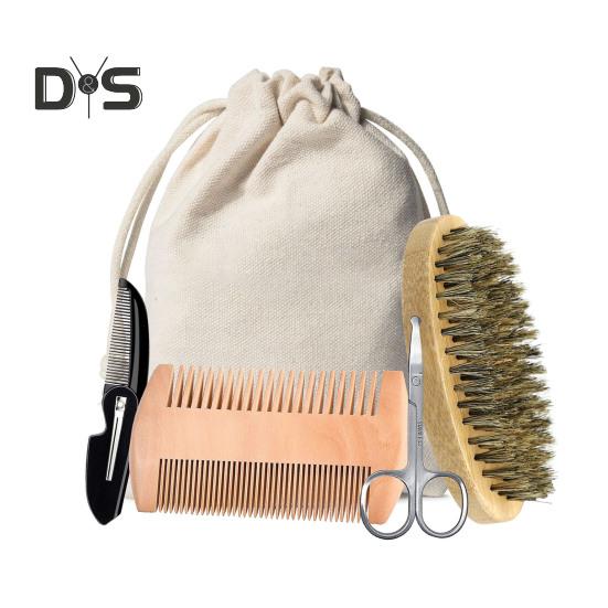 

3/5 шт. Набор для ухода за мужской бородой с овальной щетиной из кабаньей щетины, складная двухсторонняя деревянная расческа, сумка для хранения ножниц, набор для ухода за усами для мужчин 5pcs