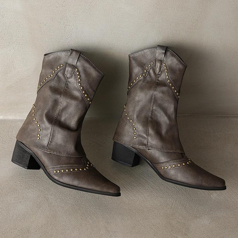 Fashion Vintage Trouser Legs Women Boots Fashion Rivet Slip On Shoes Female Thick Heel Western Cowboy Booties Zapatos De Mujer